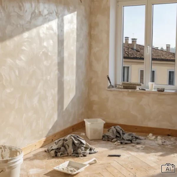Stucco veneziano in lavorazione nel soggiorno. Terzo strato, spatola a zero.