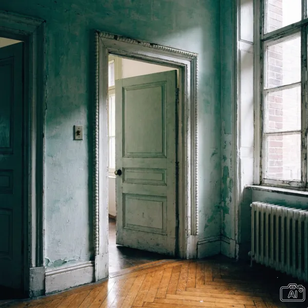 Prima Pareti con pittura irregolare, macchie sul soffitto e muffa nell'angolo del bagno.